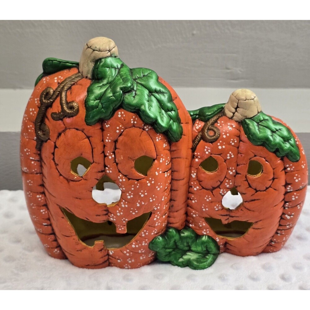 Vintage Ceramic Jack-O-Lantern Duo Halloween Pumpkin Decor 80s Hand Painted Prop